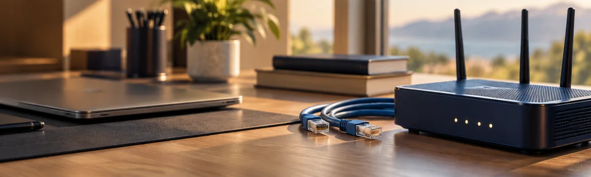 Router and laptop on a modern desk